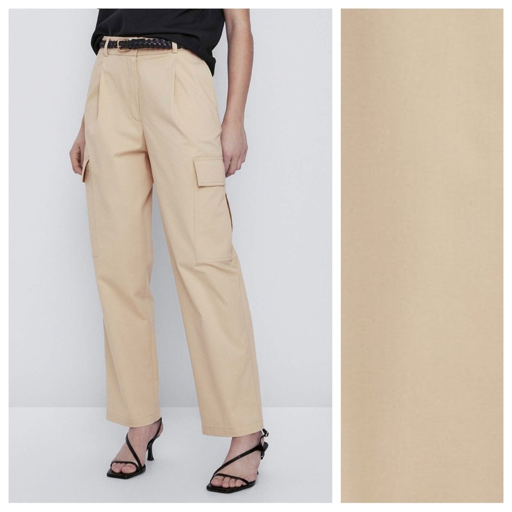 NWOT. Massimo Dutti Beige Maxi Cargo Trousers with Pockets. Size 12.
